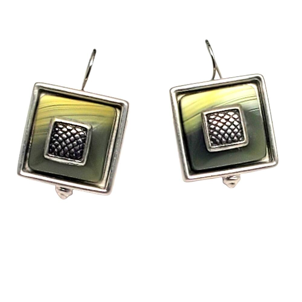 Ben Amun Drop Earrings Green Silver Tone Square Geometric Dangle Modernist Vtg